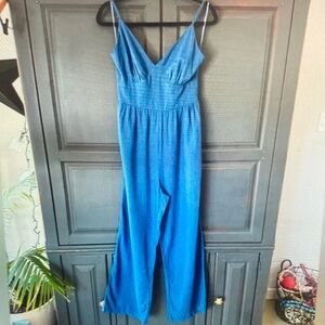 Blue V-Neck Smocked Waist Jumpsuit